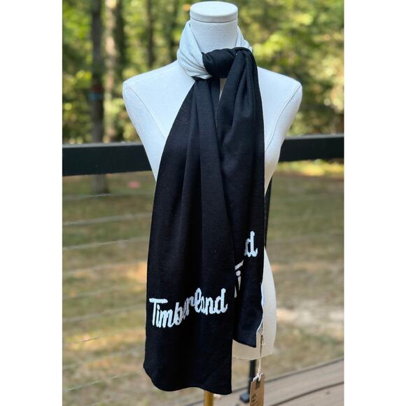 NEW Timberland Black White Knit Logo Scarf Winter Cold Weather Accessory Unisex - Picture 5 of 8